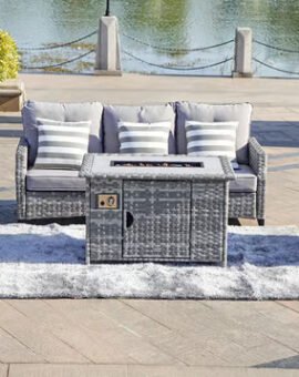 Five-Seater Rattan Furniture Set with Firepit Table