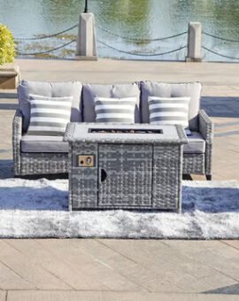 Transform your outdoor space with this luxurious five-seater rattan firepit furniture set. Complete with a table featuring a built-in gas fire pit, a triple sofa set, two single sofas, and a side table, this set is perfect for cozy gatherings with friends and family.