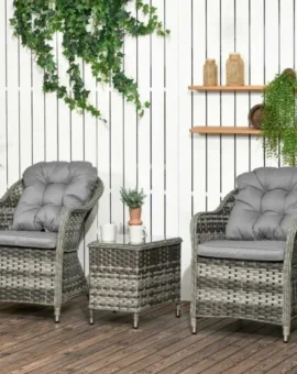 3 Piece Rattan Bistro Set with Soft Cushions and Glass Top Table in Grey